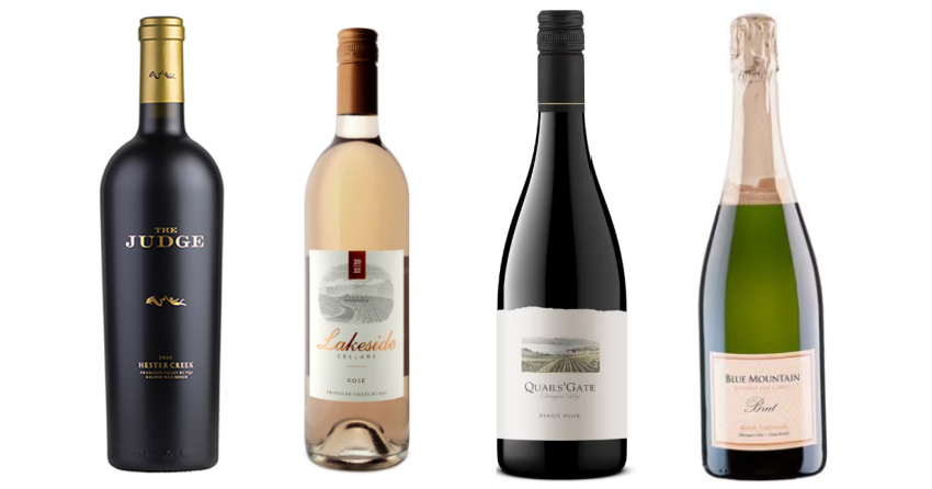 <who>Photo credit: winery websites</who>Some of Natalie MacLean's favourite Okanagan wines, from left, Hester Creek The Judge ($50), Lakeside Rose ($22), Quails' Gate Pinot Noir ($35) and Blue Mountain Gold Label Brut ($32).
